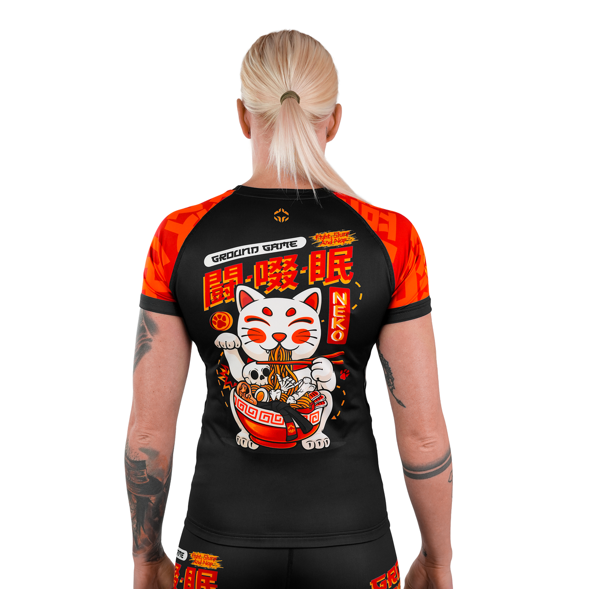 Rashguard pentru femei Ramen Cat cu mânecă scurtă