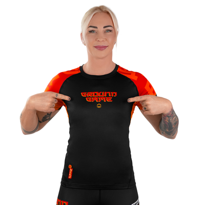 Rashguard pentru femei Ramen Cat cu mânecă scurtă