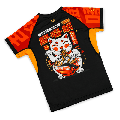Rashguard pentru femei Ramen Cat cu mânecă scurtă