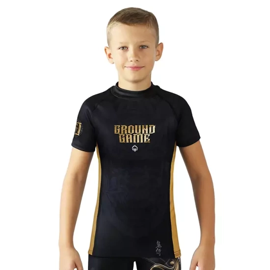 Rashguard pentru copii cu mâneci scurte Oni Samurai Ground Game negru
