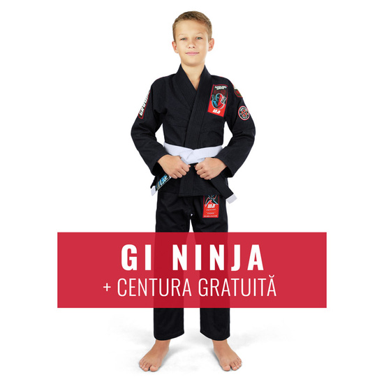 Kimono / GI BJJ pentru copii Ninja Ground Game negru + centura GRATUITĂ