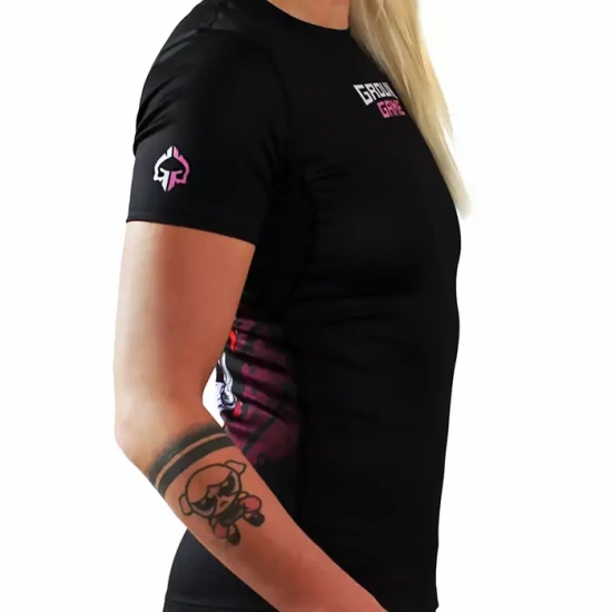 Rashguard pentru femei cu mâneci scurte Tsuru Warior Ground Game negru