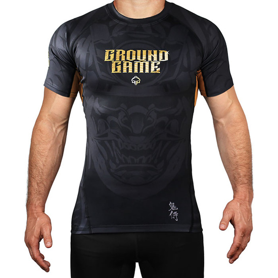 Rashguard pentru bărbați cu mâneci scurte Oni Samurai Ground Game negru