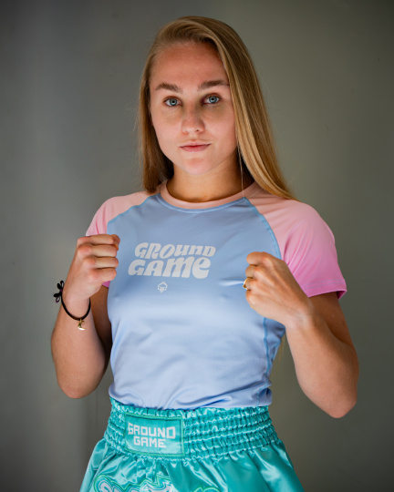 Rashguard pentru femei cu mâneci scurte Athletic Light Blue Ground Game