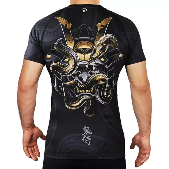 Rashguard pentru bărbați cu mâneci scurte Oni Samurai Ground Game negru