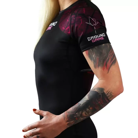 Rashguard pentru femei cu mâneci scurte Tsuru Warior Ground Game negru